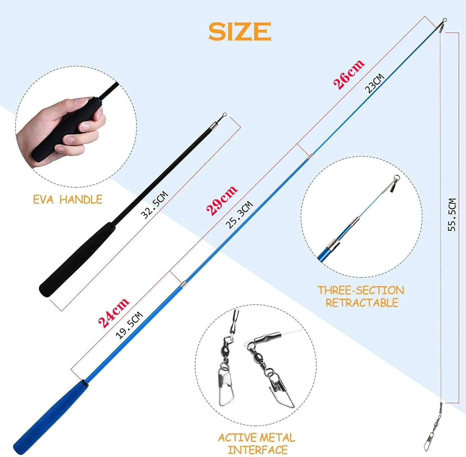Cat teasing pole set showing two collapsible fishing rod toys with feather attachments and a pack of ten spare heads.