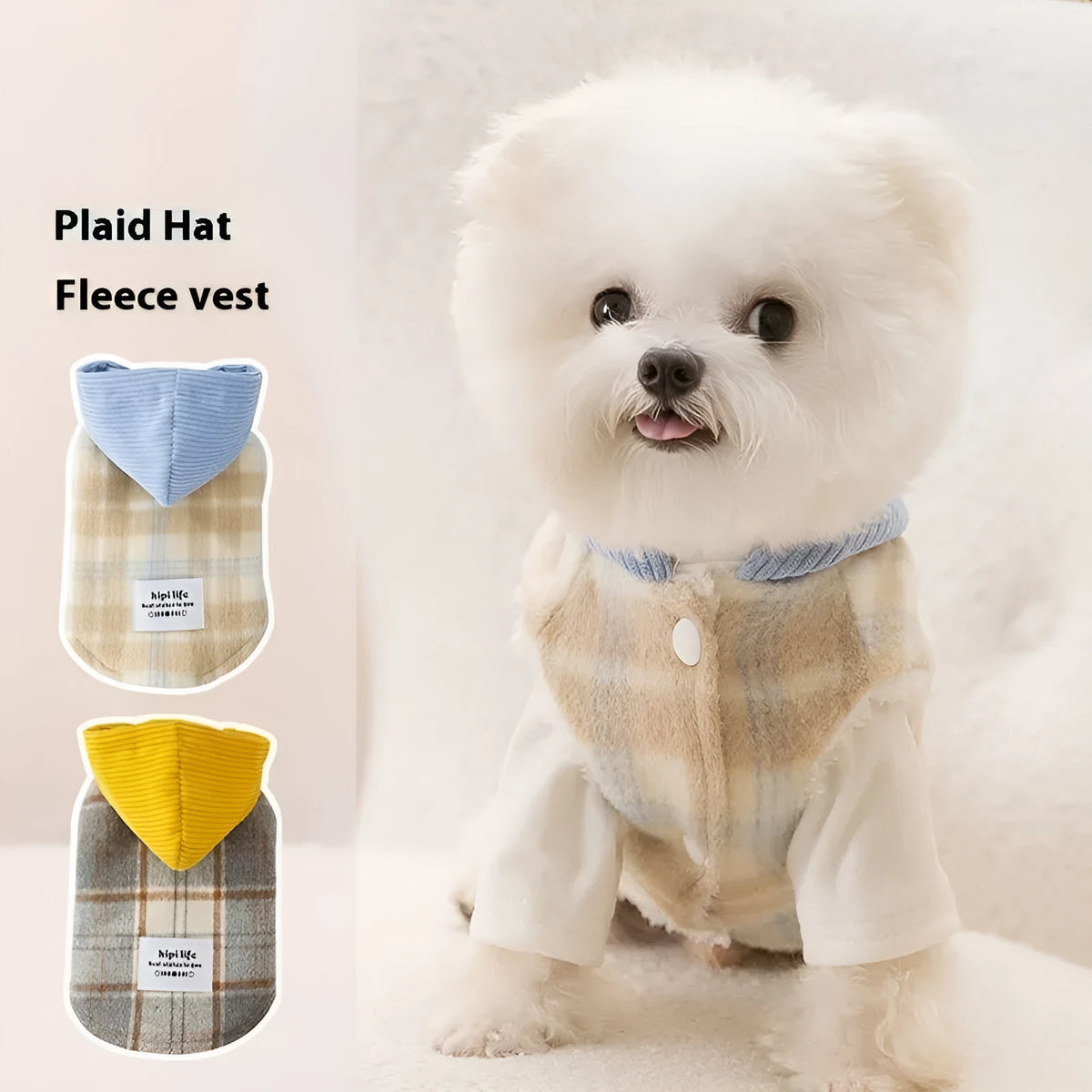 Blue corduroy dog vest with chessboard grid pattern and adjustable hood for winter wear