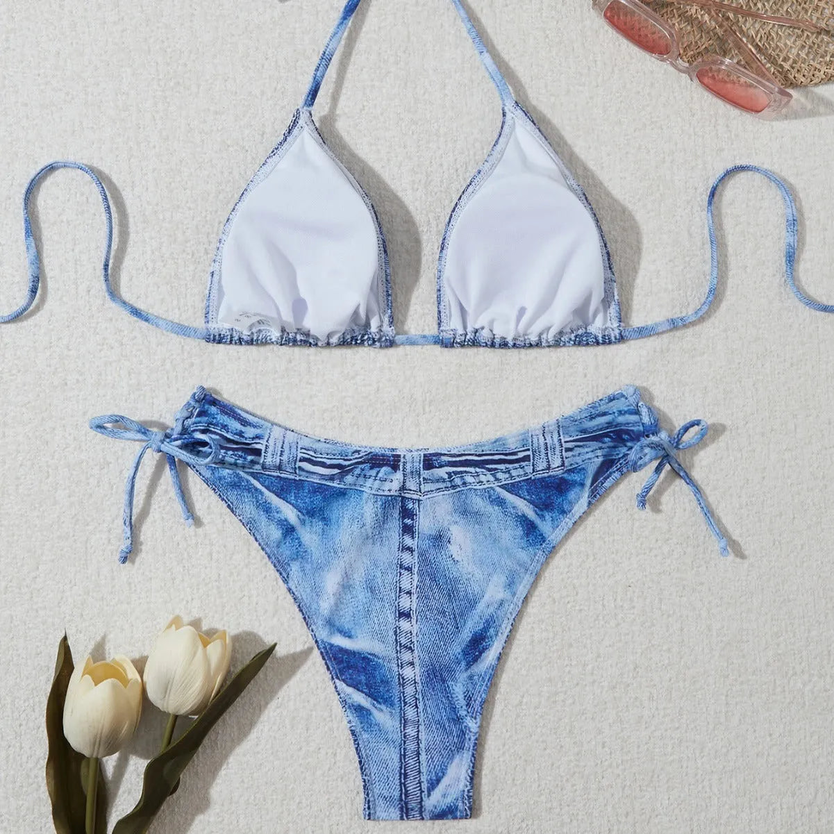 Women's denim blue printed two-piece bikini set with adjustable straps in nylon spandex fabric