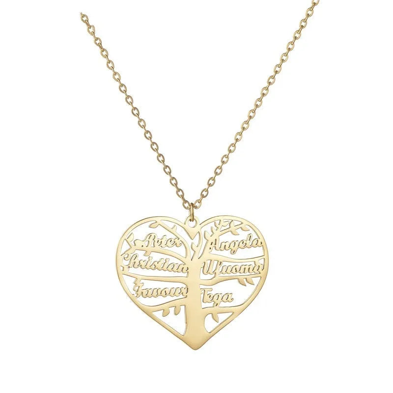 Custom stainless steel name necklace featuring a hollow heart and detailed life tree pendant in silver, gold, or rose gold.