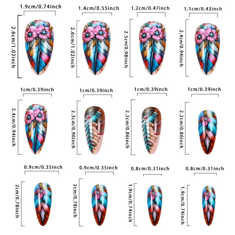 Retro style nail art kit with colourful feather pattern burnishing sticks on plastic tools