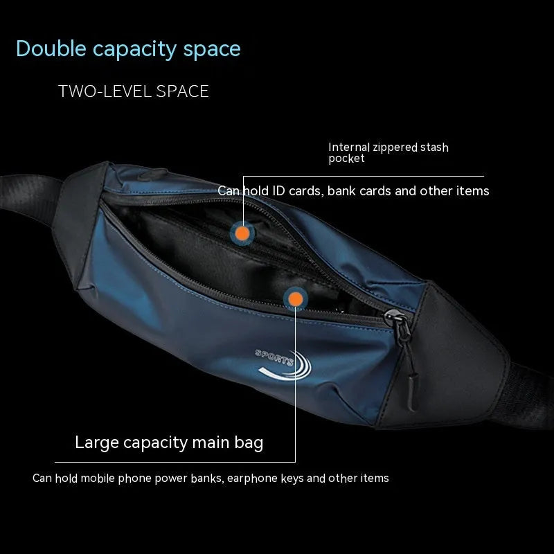 Men's waterproof Derm Oxford polyester sports waist bag in black, shown on waist during activity.