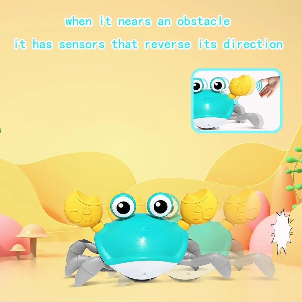 Blue crawling crab dog toy with obstacle avoidance sensors for interactive pet play
