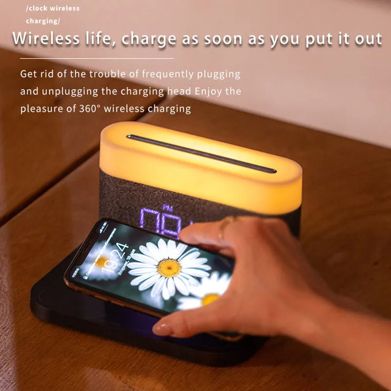 Mini wireless charger desktop clock with night light function in black or white modern design