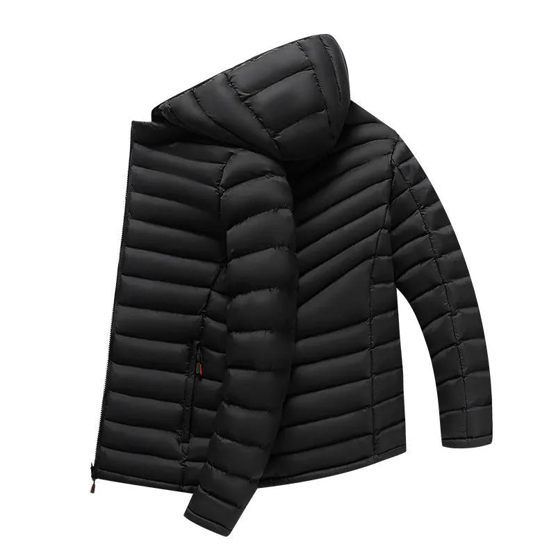 Men's black hooded lightweight down jacket with detachable collar and zipper pockets