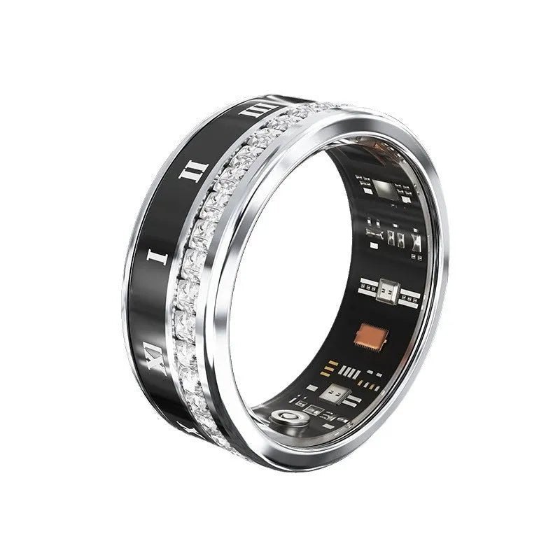 Polished silver smart ring with diamond inlay design on a finger, showing health tracking technology.