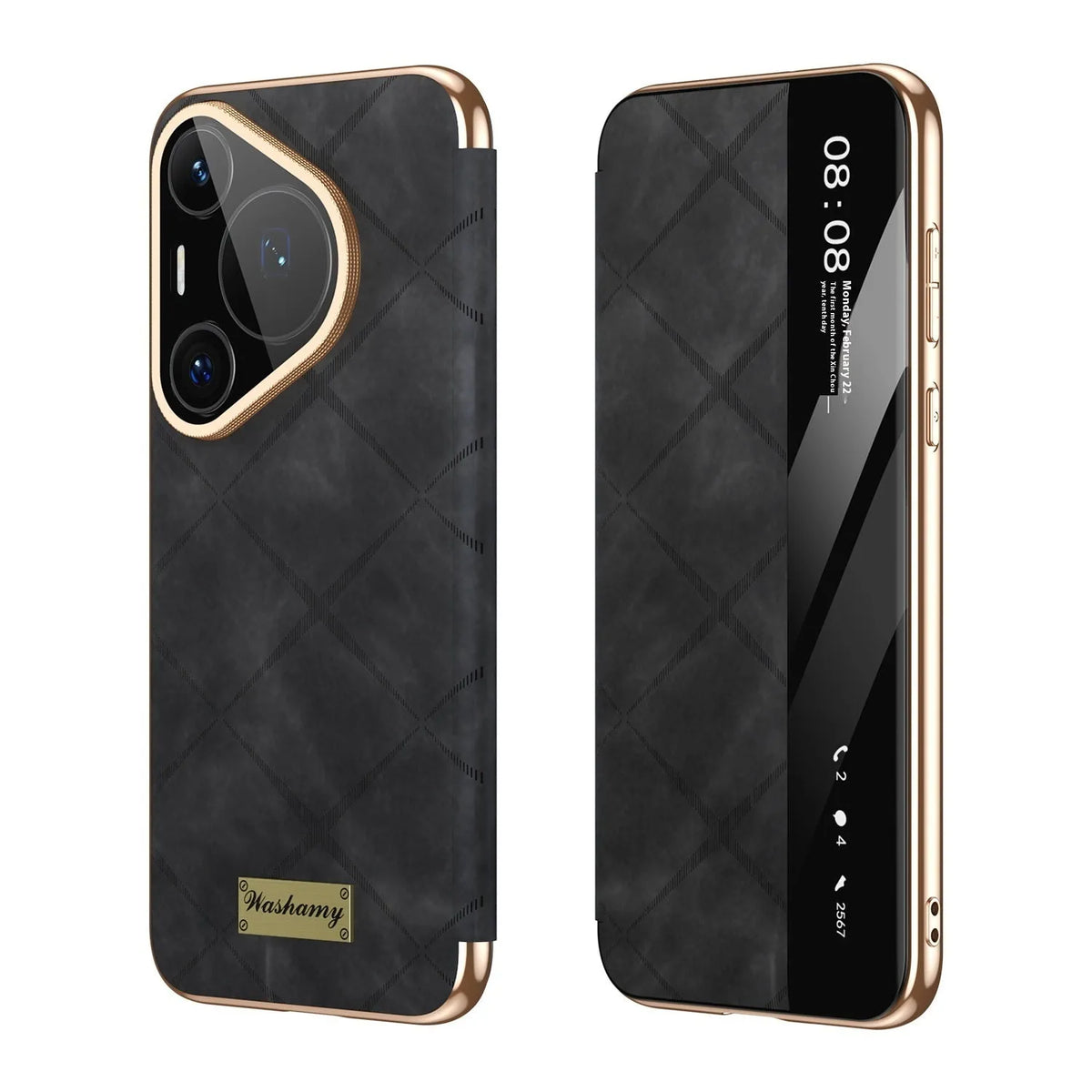 Electroplated diamond grid Huawei phone case in black, brown, and purple with embossed imitation leather