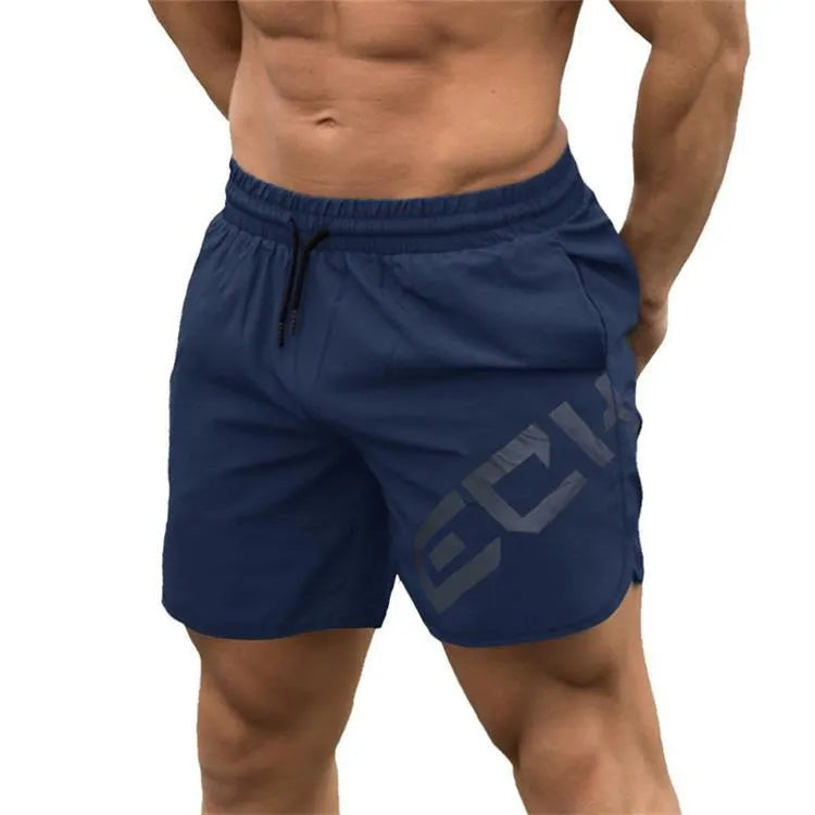 Men's black elastic quick-dry running shorts with mid waist and knee-length leg.