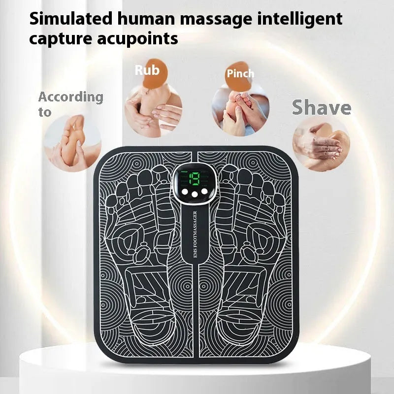 Blue square foot massage mat with USB charging cable and remote control for reflexology therapy