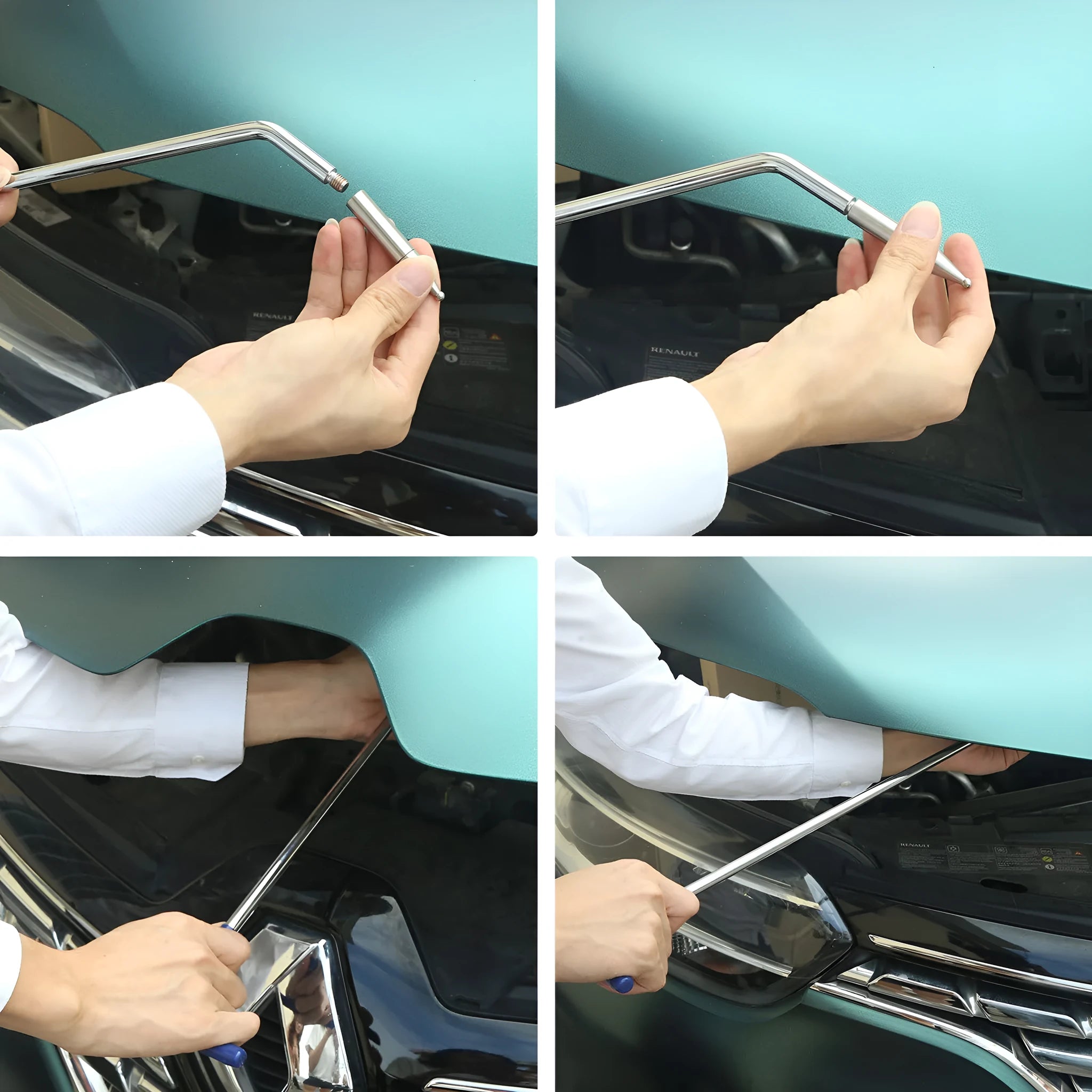 Three alloy steel car dent repair crowbars in a set for vehicle body maintenance