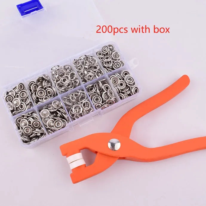 Stainless steel five claw no-sew clothing button and application pliers for children's garments.
