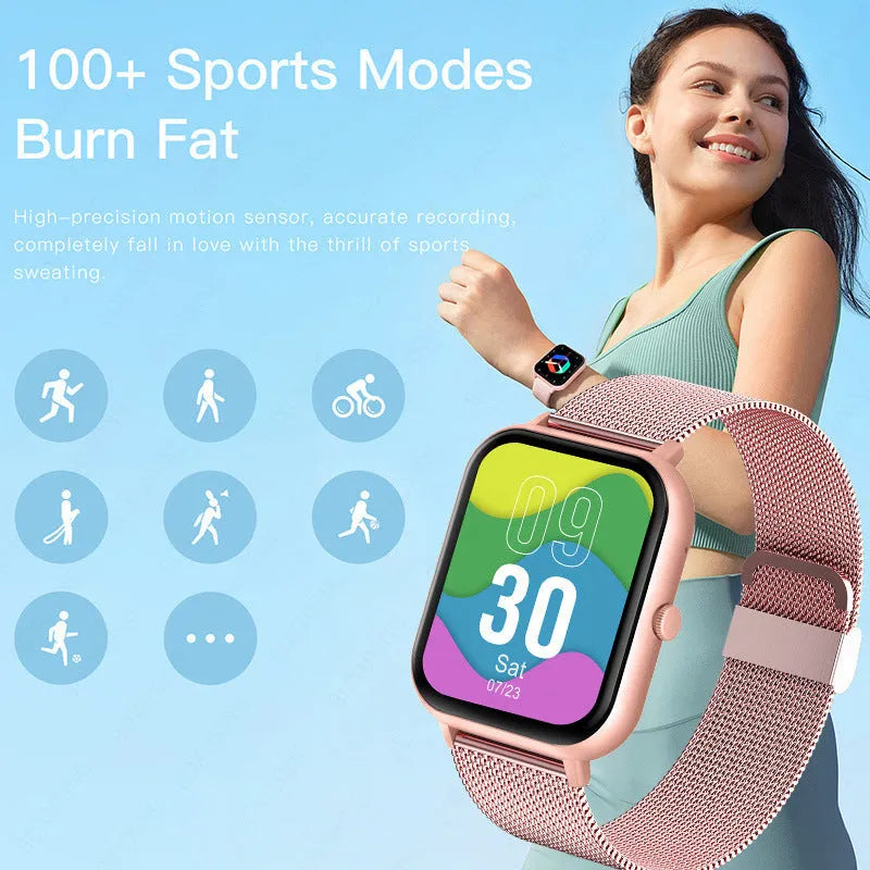 ZL54C Smart Watch in black with Milan steel strap showing heart rate and blood oxygen monitoring