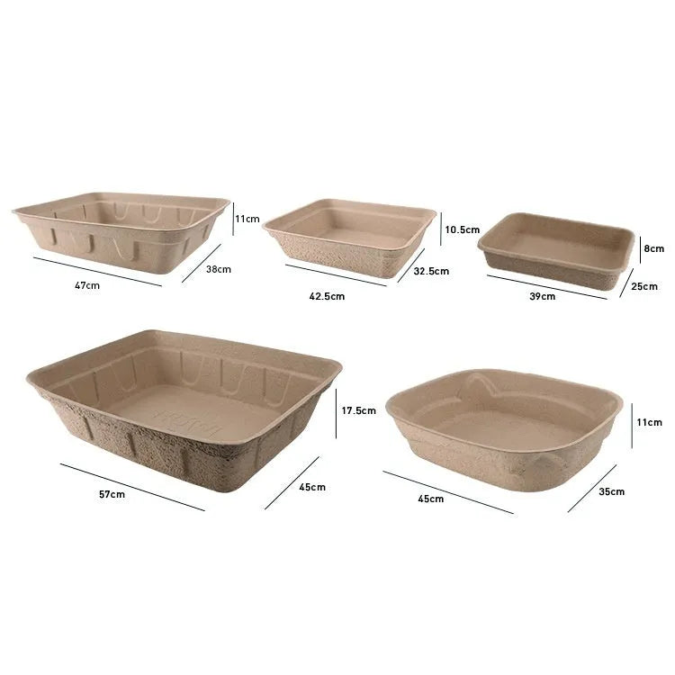 Brown disposable waterproof cat litter box showing three size options