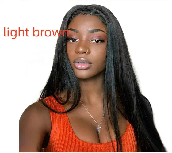 Long straight synthetic wig with centre-parted bangs in black colour for face shape modification