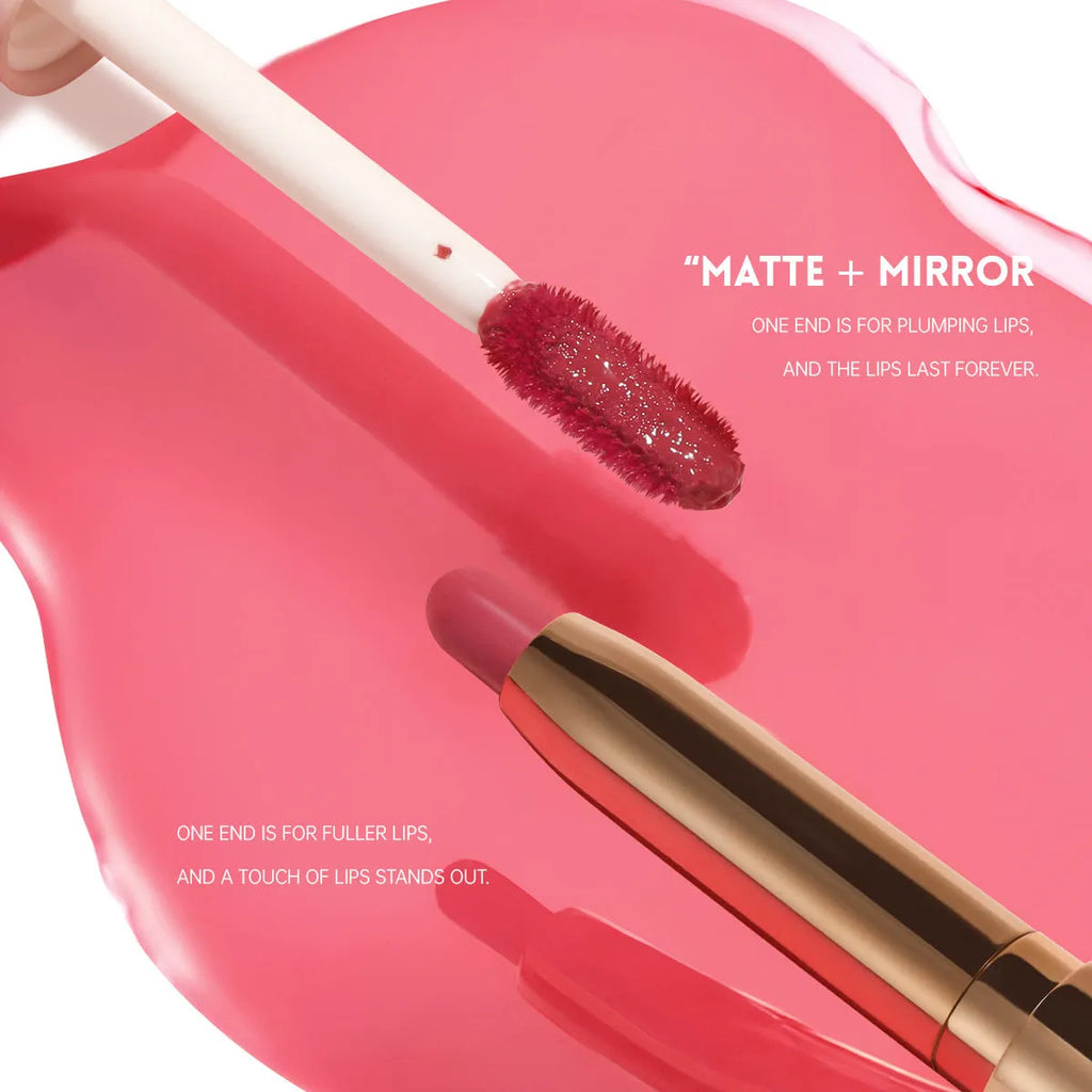 Double-headed matte finish lipstick lip gloss in one of ten colour shades with non-stick cup applicator.