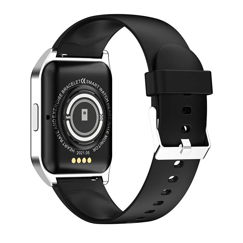Black smart watch with heart rate monitor on silicone wristband showing 1.69-inch touchscreen display