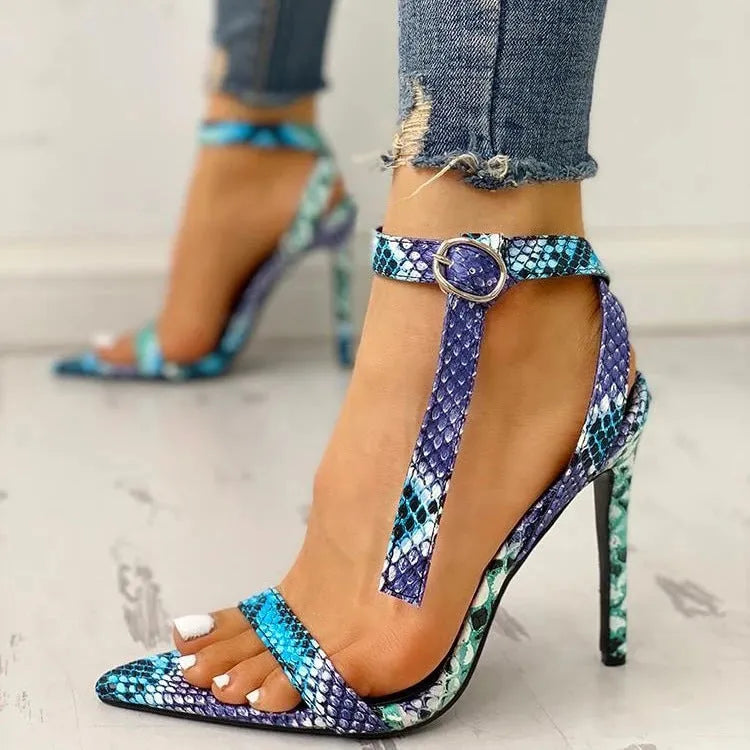 Blue women's high heels with hollow-out peep toe design and buckle fastening in European large sizes