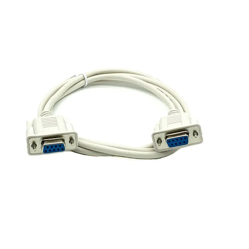 Milky white female-to-female DB9 serial cable with cross-wired RS232 configuration measuring 1.5 metres