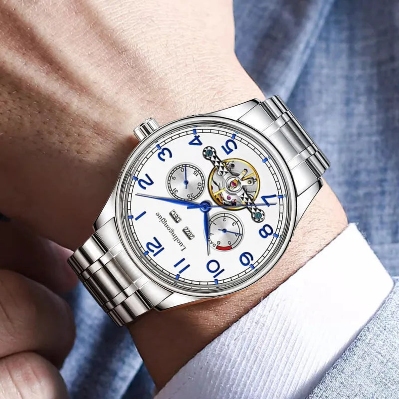 Men's business hollow mechanical watch with sapphire crystal glass and transparent case back on leather strap