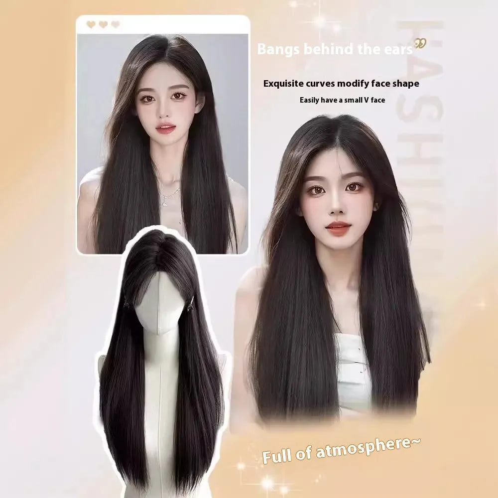 Forehead lace synthetic wig with long straight black hair in cold brown or dark brown shades