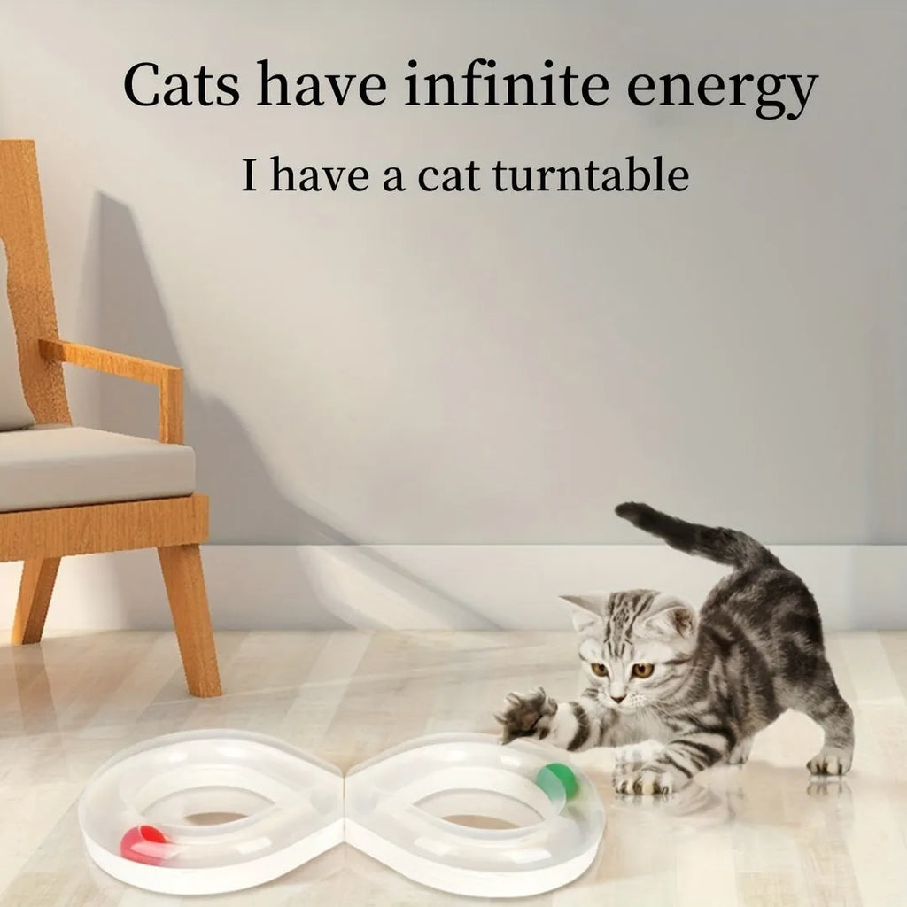 50cm long blue and white cat toy track with turntable, moving balls and teasing sticks for feline entertainment