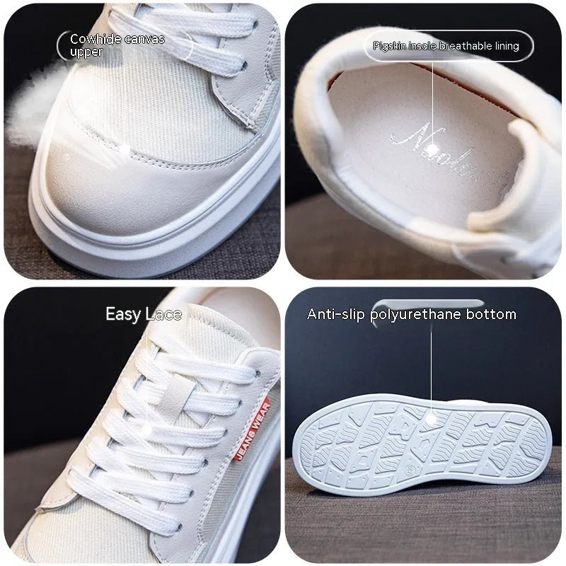 Women's beige leather casual shoes with thick flat soles showing side profile