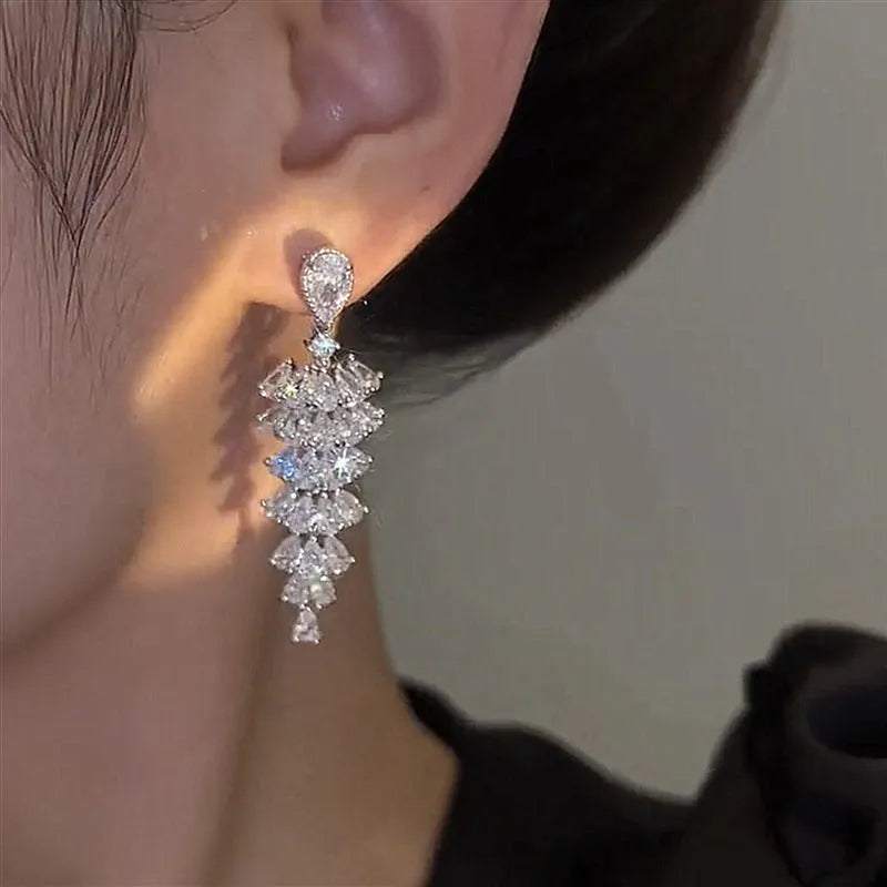 Silver pagoda Christmas tree drop earrings with sparkling zircon stones on copper stud fittings