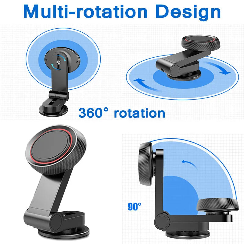 Black 360-degree rotating magnetic car phone holder with extendable arm on dashboard