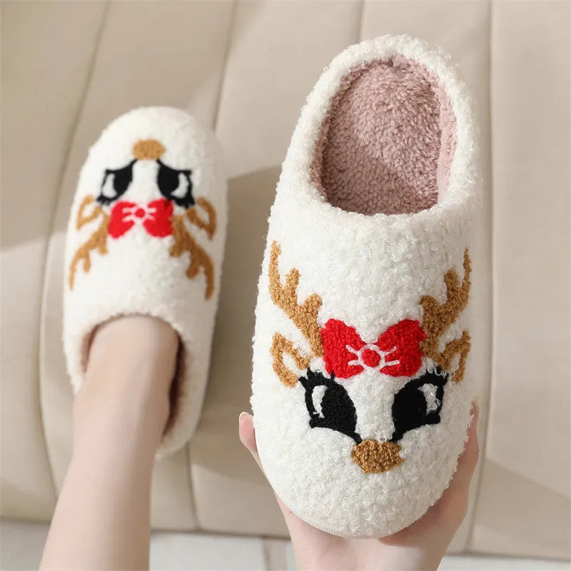 Christmas deer slippers with plush upper, cartoon fox pattern, TPR non-slip sole, 3.5cm heel, round toe, sizes 36-45