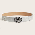 Retro women's wide PU leather belt with a large oval alloy buckle in grey white colour.