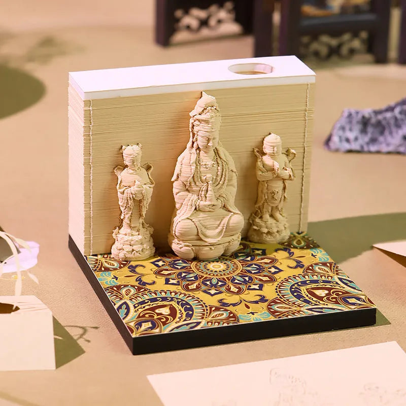 3D paper carving calendar with Guanyin Bodhisattva, Wealth Boy, Seated Lotus design, 2026 English calendar, light version, retro style, notepad