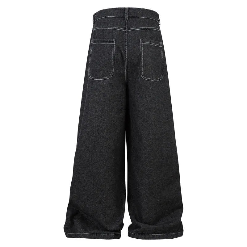 Black pleated jeans with multiple pockets, mid-waist design, and zip placket closure