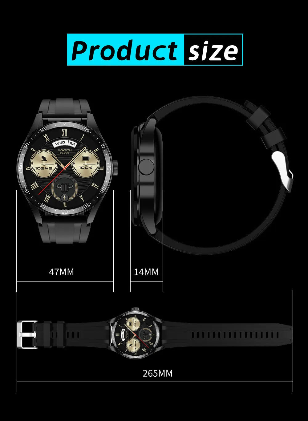 Black 2-in-1 Bluetooth headset smart watch with touch button, leather silicone or steel belt silicone strap options