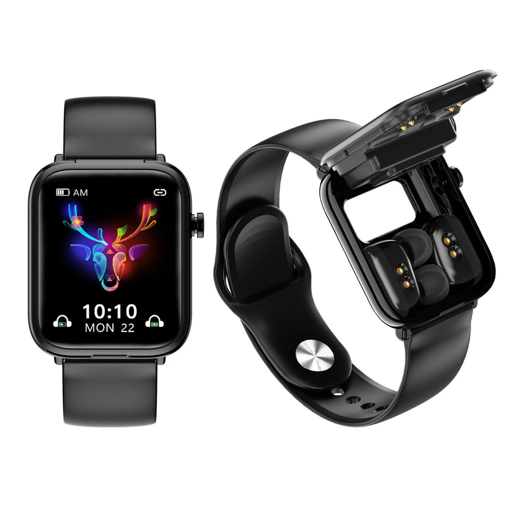 Black zinc alloy smartwatch with touch screen next to its wireless Bluetooth earbuds and charging case.