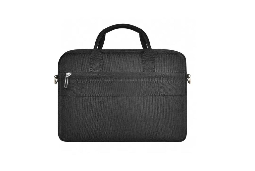 Black Oxford cloth laptop backpack with multiple pockets and a lock, shown in 14 inch and 15.6 inch sizes.