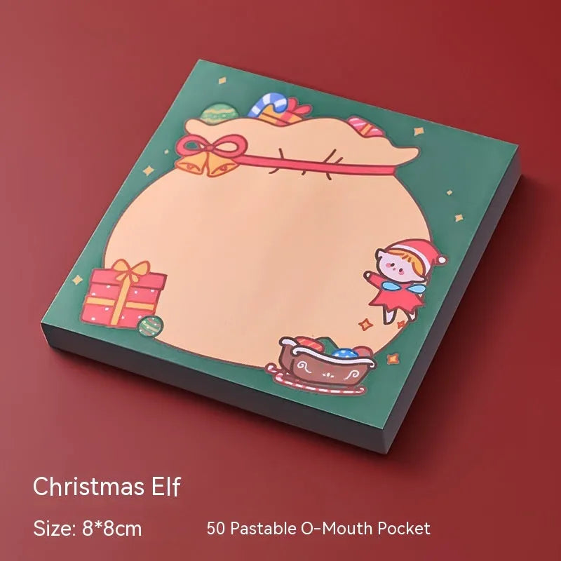 Christmas cartoon sticky notes pad with festive designs including Santa Claus and snowman