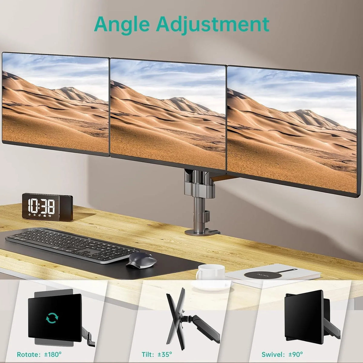 Black three-arm gas spring monitor mounting arm for 13-27 inch screens on a desk.