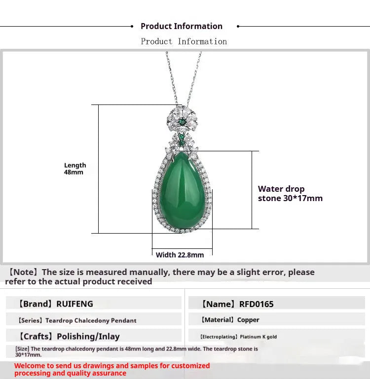 Green chalcedony water drop pendant with inlaid stone and electroplated copper geometric ellipse setting