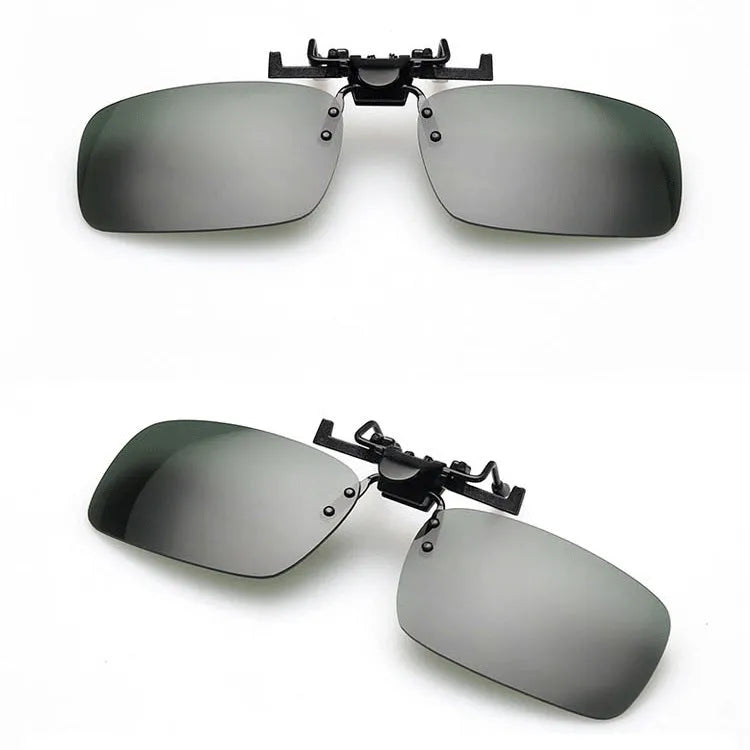 Clip-on polarised sunglasses for prescription glasses with grey, dark green, and night vision lens tint options