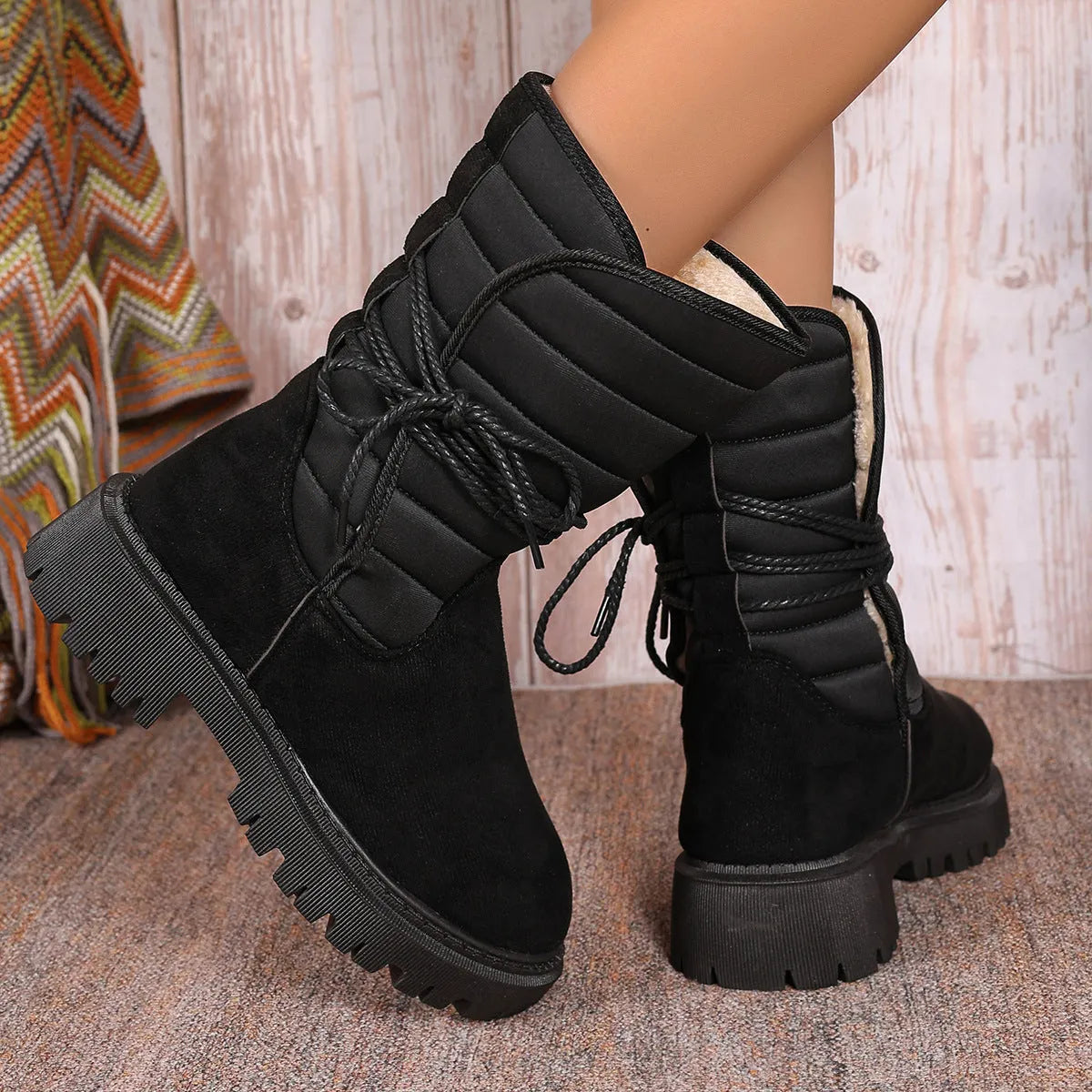 Women's black suede chunky heel snow boots with fleece lining and lace-up design.