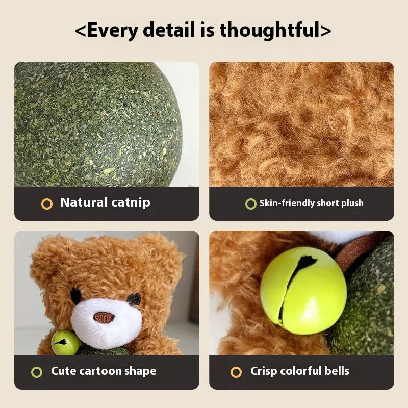 Plush catnip toy shaped as animal character with internal bell and mint ball