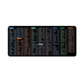 Large black desk mouse mat with white printed English keyboard shortcuts and calculator keys