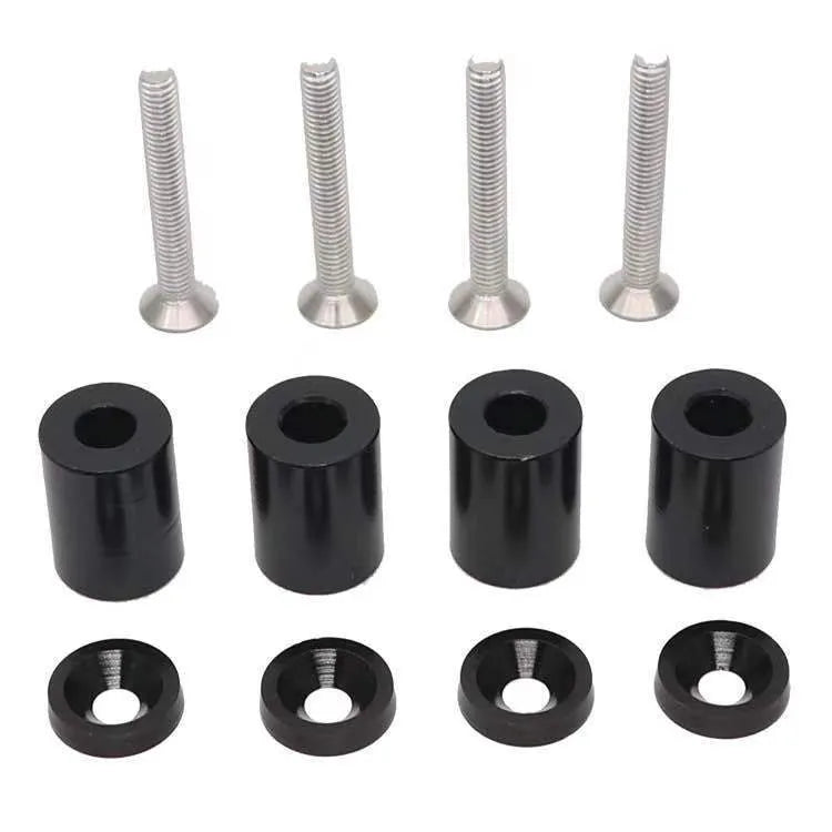 Aluminium alloy car machine cover spacer kit with screws, nuts, washers in black, blue, and red colours