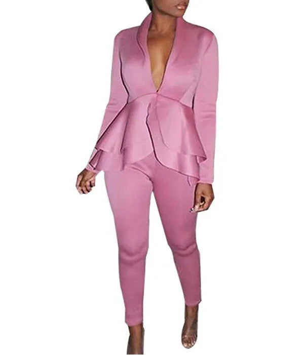 Business uniform two-piece set showing ruffled top with matching pencil pants in polyester fabric