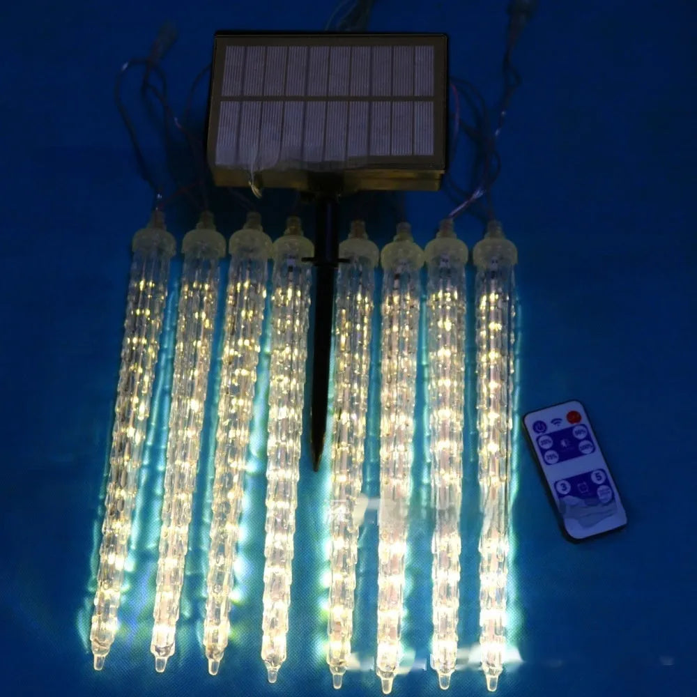 LED ice cone shaped meteor shower solar ornamental lamp with blue lights on bracket