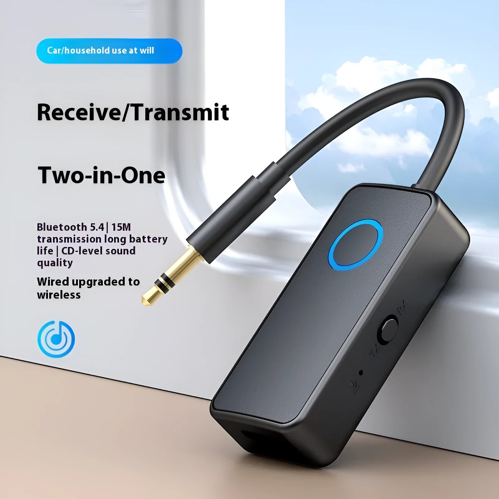 Black Bluetooth 5.4 audio adapter with a 3.5mm aux plug for wireless music streaming.