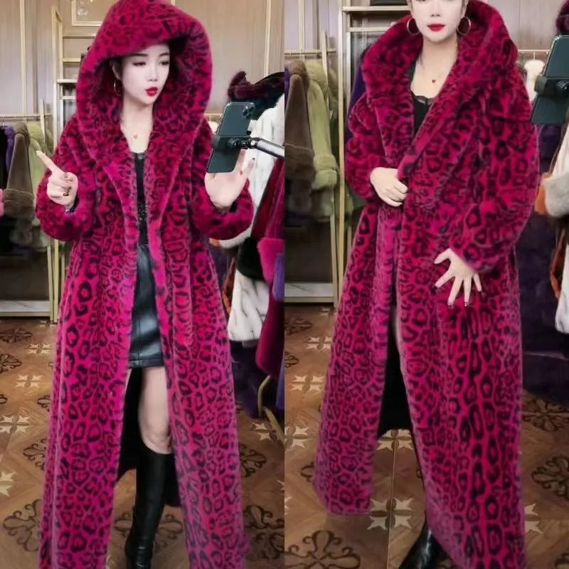 Plus size brown leopard print faux fur coat with 100cm length and regular sleeves