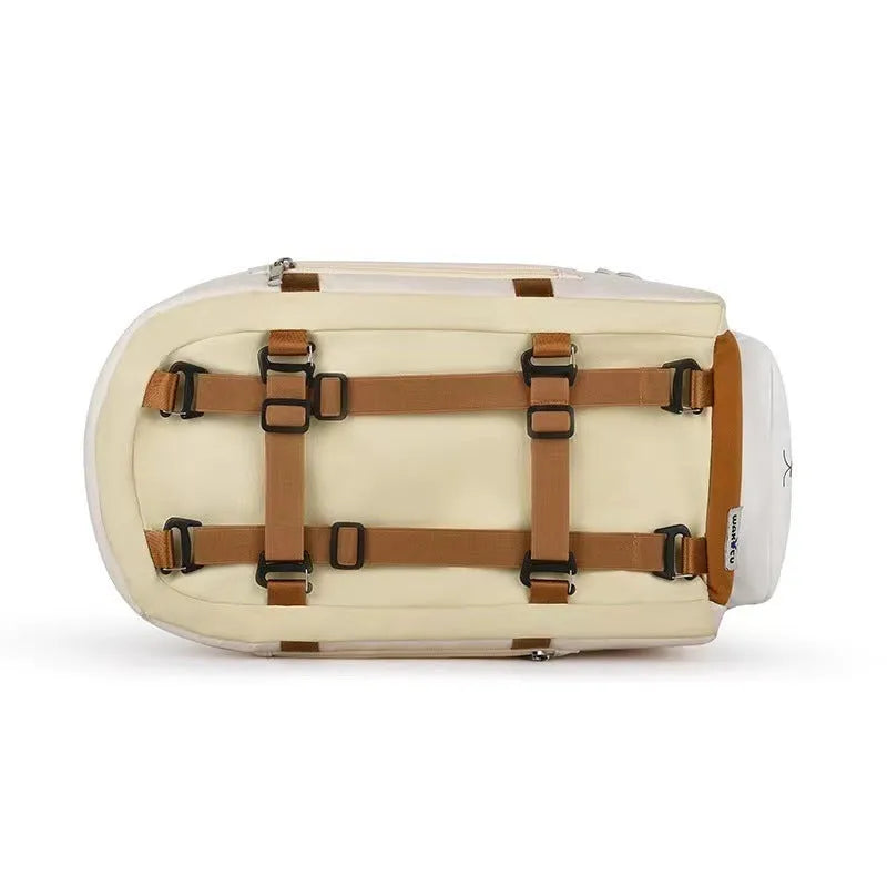 Beige hard-shell cat flight case with central control wheels, dimensions 43x25x22.5cm
