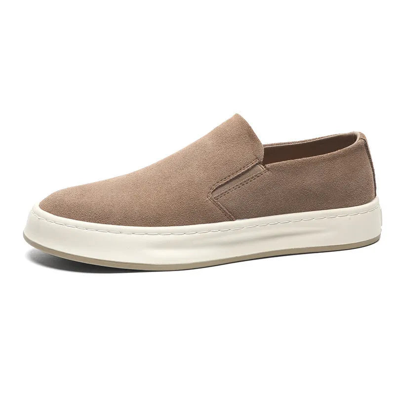 Men's grey and apricot PU casual shoes with round toe and mid-heel design