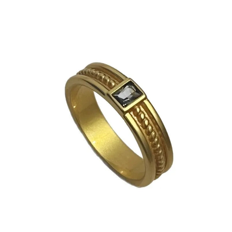 Frosted gold copper ring with square sapphire inlaid gem, narrow or wide version, sizes 6 7 8
